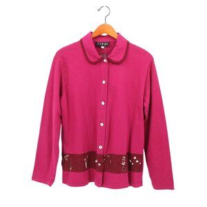 NWT Fenini Fuschia Button Front Bemberg Jacket Embroidered Floral Trim S